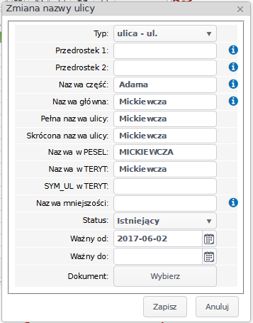 Widok okna zmiany nazwy ulicy
